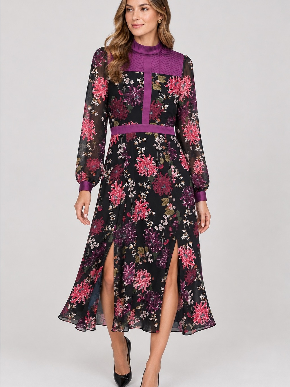 Karen Millen Black Oriental Floral Long Sleeve Dress Women’s 4 Moody Romantic